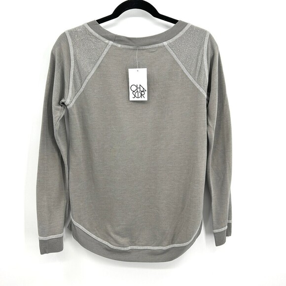 NWT CHASER Gray Super Soft Reverse Fleece Shoulder Crew Neck Sweater Size XS - Picture 2 of 4